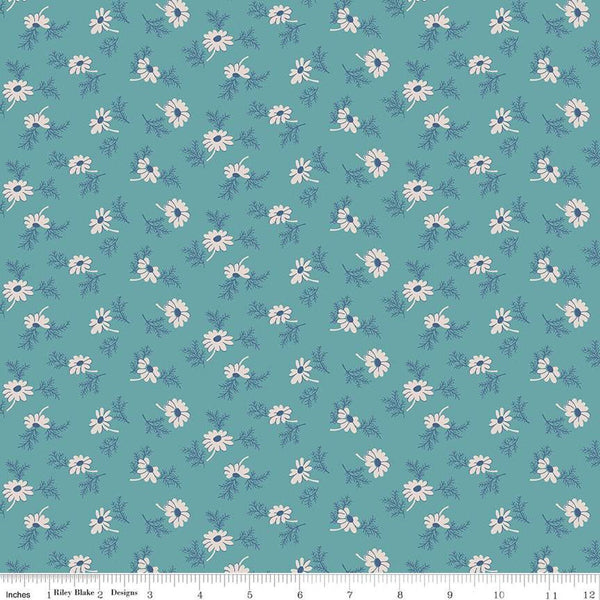 Image of the Home Town Holiday Pineflower Raindrop quilting cotton fabric by Riley Blake Designs. Features scattered flowers and leaves on a teal blue background.
Cute Little Fabric Shop