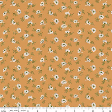 Image of the Home Town Holiday Pineflower Cider quilting cotton fabric by Riley Blake Designs. Features scattered flowers and leaves on a gold yellow orange background.
Cute Little Fabric Shop