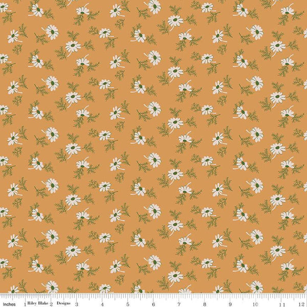 Image of the Home Town Holiday Pineflower Cider quilting cotton fabric by Riley Blake Designs. Features scattered flowers and leaves on a gold yellow orange background.
Cute Little Fabric Shop