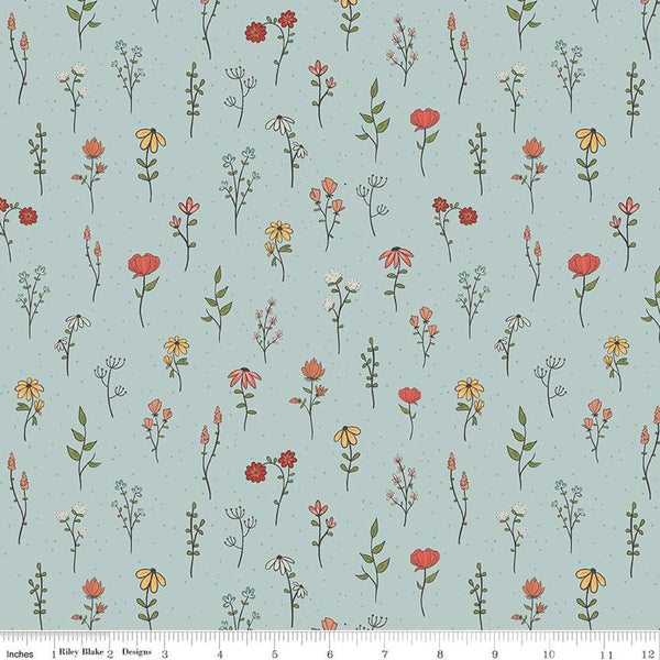 Image of the Stay Wild Boho Little Flowers Mist quilting cotton fabric by Amanda Niederhauser by Riley Blake Designs. Features wildflowers on a light blue background. 
Cute Little Fabric Shop