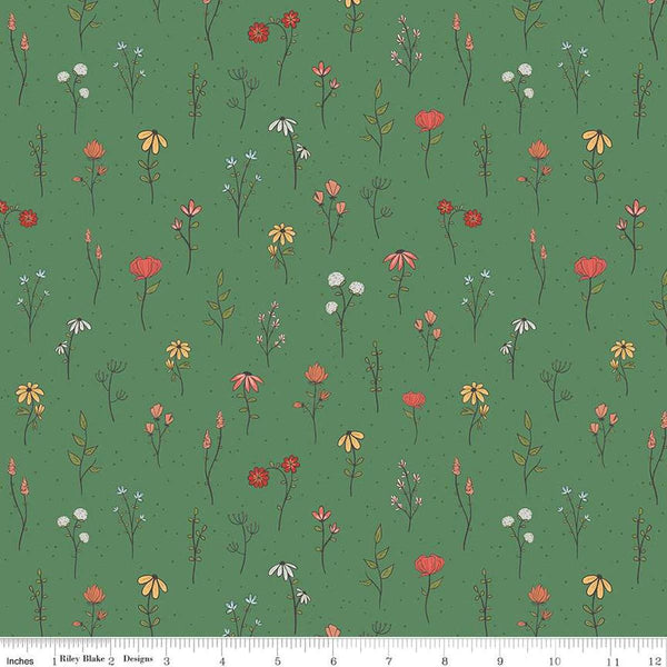 Image of the Stay Wild Boho Little Flowers Green quilting cotton fabric by Amanda Niederhauser by Riley Blake Designs. Features wildflowers on a green background. 
Cute Little Fabric Shop