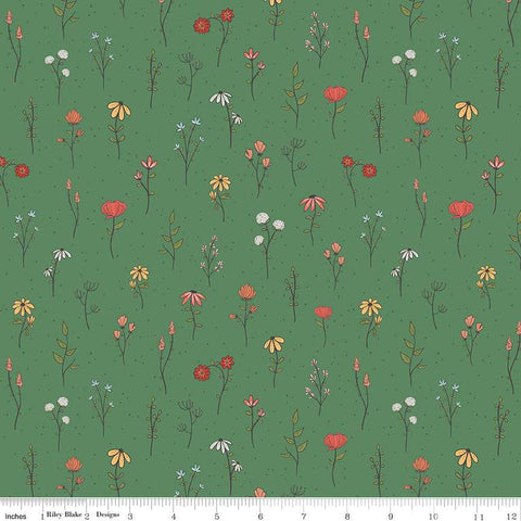 Image of the Stay Wild Boho Little Flowers Green quilting cotton fabric by Amanda Niederhauser by Riley Blake Designs. Features wildflowers on a green background. 
Cute Little Fabric Shop