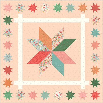 Image of the Primrose Star Quilt Boxed Kit featuring fabric from the Stay Wild collection by Amanda Niederhauser for Riley Blake Designs. Features a light pink background with a large star bordered by small stars. 
Cute Little Fabric Shop