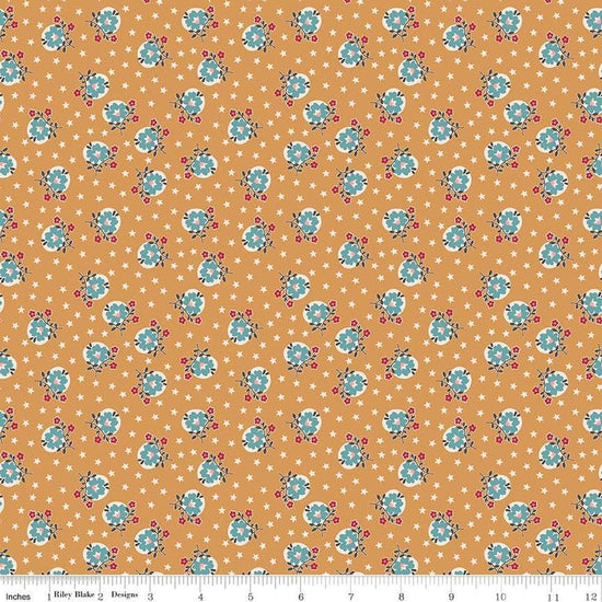 Image of the Home Town Holiday Starflower Cider quilting cotton fabric by Riley Blake Designs. Features scattered flowers and on a gold yellow orange starred background.
Cute Little Fabric Shop