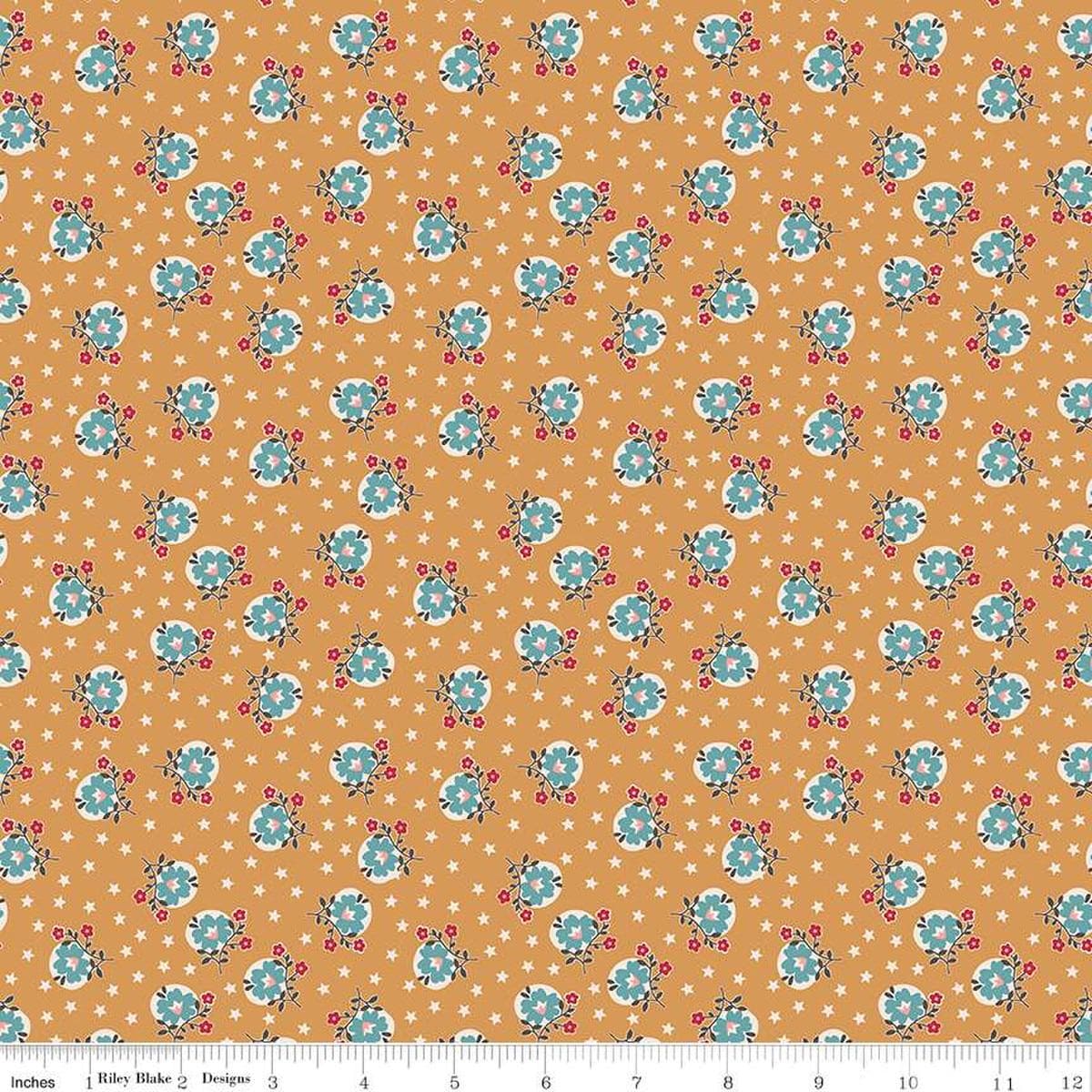 Image of the Home Town Holiday Starflower Cider quilting cotton fabric by Riley Blake Designs. Features scattered flowers and on a gold yellow orange starred background.
Cute Little Fabric Shop