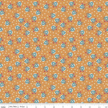 Image of the Home Town Holiday Starflower Cider quilting cotton fabric by Riley Blake Designs. Features scattered flowers and on a gold yellow orange starred background.
Cute Little Fabric Shop