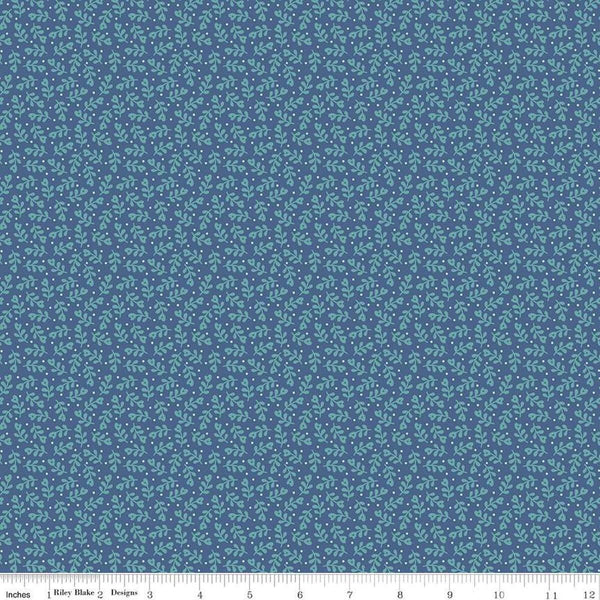 Image of the Home Town Holiday Mistletoe Denim quilting cotton fabric by Riley Blake Designs. Features tossed sprigs and pin dots on a dark blue background. 
Cute Little Fabric Shop