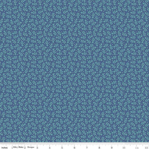 Image of the Home Town Holiday Mistletoe Denim quilting cotton fabric by Riley Blake Designs. Features tossed sprigs and pin dots on a dark blue background. 
Cute Little Fabric Shop