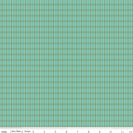 Image of the Home Town Holiday Plaid Sea Glass quilting cotton fabric by Riley Blake Designs. Features light teal green blue striped plaid on a teal background
Cute Little Fabric Shop