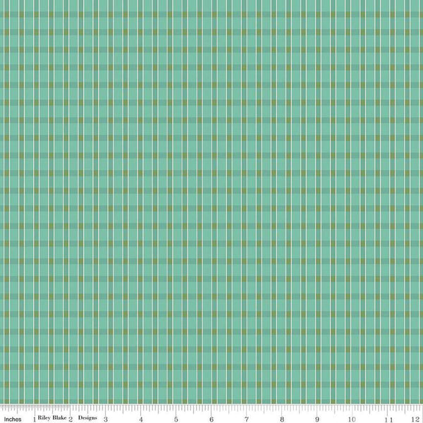 Image of the Home Town Holiday Plaid Sea Glass quilting cotton fabric by Riley Blake Designs. Features light teal green blue striped plaid on a teal background
Cute Little Fabric Shop