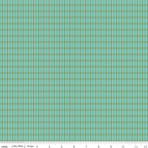 Image of the Home Town Holiday Plaid Sea Glass quilting cotton fabric by Riley Blake Designs. Features light teal green blue striped plaid on a teal background
Cute Little Fabric Shop