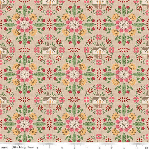 Image of the Home Town Holiday Chapel Latte quilting cotton fabric by Riley Blake Designs. Features a church and floral medallion pattern. on a light tan background
Cute Little Fabric Shop