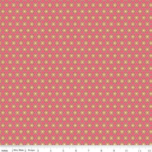 Image of the Home Town Holiday Star Tea Rose quilting cotton fabric by Riley Blake Designs. Features geometric stars on a coral pink background.
Cute Little Fabric Shop