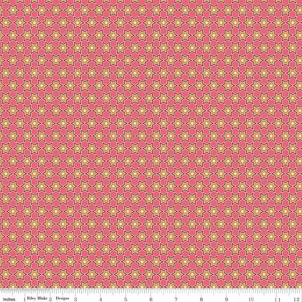 Image of the Home Town Holiday Star Tea Rose quilting cotton fabric by Riley Blake Designs. Features geometric stars on a coral pink background.
Cute Little Fabric Shop