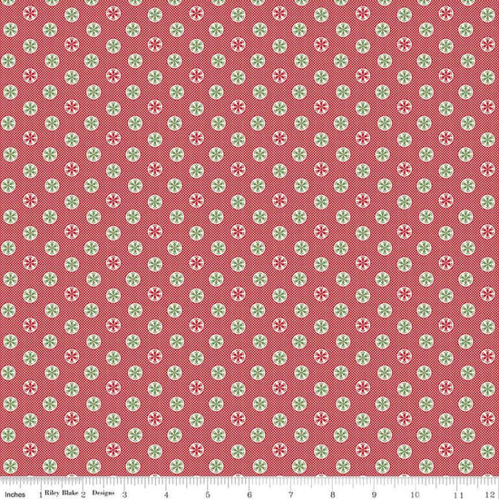 Image of the Home Town Holiday Snowflake Riley Red quilting cotton fabric by Riley Blake Designs. Features snowflakes on a tiny dotted background on a red background
Cute Little Fabric Shop