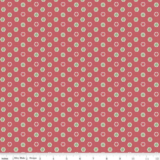 Image of the Home Town Holiday Snowflake Riley Red quilting cotton fabric by Riley Blake Designs. Features snowflakes on a tiny dotted background on a red background
Cute Little Fabric Shop