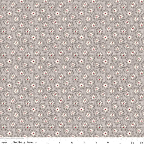 Image of the Home Town Holiday Woolly Flower Milk Can quilting cotton fabric by Riley Blake Designs. Features an array of blossoms on a tone-on-tone gridded grey brown background. 
Cute Little Fabric Shop