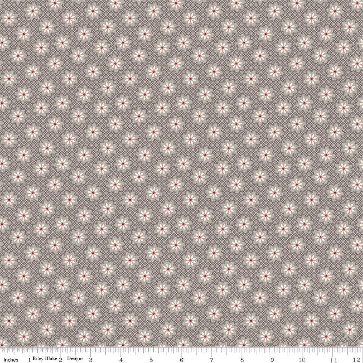 Image of the Home Town Holiday Woolly Flower Milk Can quilting cotton fabric by Riley Blake Designs. Features an array of blossoms on a tone-on-tone gridded grey brown background. 
Cute Little Fabric Shop