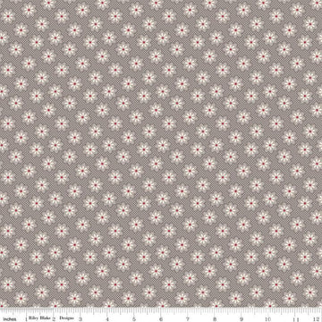 Image of the Home Town Holiday Woolly Flower Milk Can quilting cotton fabric by Riley Blake Designs. Features an array of blossoms on a tone-on-tone gridded grey brown background. 
Cute Little Fabric Shop