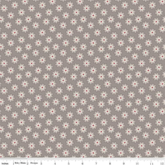 Image of the Home Town Holiday Woolly Flower Milk Can quilting cotton fabric by Riley Blake Designs. Features an array of blossoms on a tone-on-tone gridded grey brown background. 
Cute Little Fabric Shop