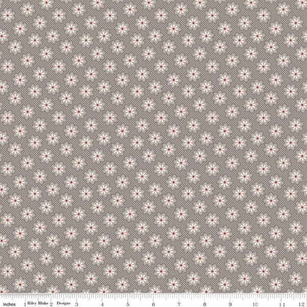 Image of the Home Town Holiday Woolly Flower Milk Can quilting cotton fabric by Riley Blake Designs. Features an array of blossoms on a tone-on-tone gridded grey brown background. 
Cute Little Fabric Shop