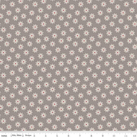 Image of the Home Town Holiday Woolly Flower Milk Can quilting cotton fabric by Riley Blake Designs. Features an array of blossoms on a tone-on-tone gridded grey brown background. 
Cute Little Fabric Shop