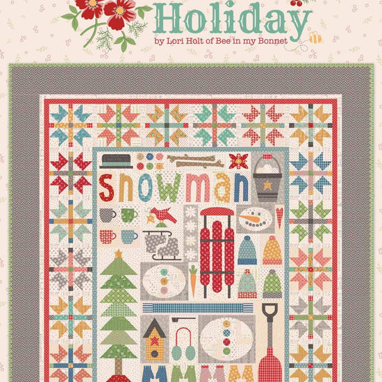 Image of the Home Town Holiday Storyboard. Features a quilt pattern on the front with a snowman, tree, gloves, and more. 
Cute Little Fabric Shop