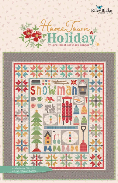 Image of the Home Town Holiday Storyboard. Features a quilt pattern on the front with a snowman, tree, gloves, and more. 
Cute Little Fabric Shop