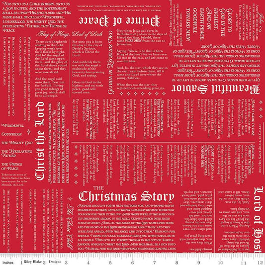Image of the Christmas Wishes Christmas Story Red quilting cotton fabric by Riley Blake Designs. Features  the story of Christ's birth on a red background. 
Cute Little Fabric Shop