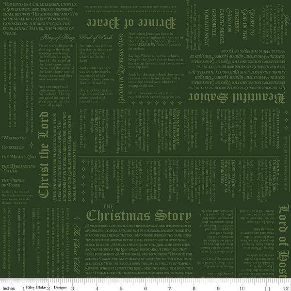 Image of the Christmas Wishes Christmas Story Green quilting cotton fabric by Riley Blake Designs. Features  the story of the birth of Christ on a green background. 
Cute Little Fabric Shop