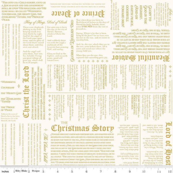 Image of the Christmas Wishes Christmas Story Cream quilting cotton fabric by Riley Blake Designs. Features  the story of the birth of Christ on a cream background. 
Cute Little Fabric Shop