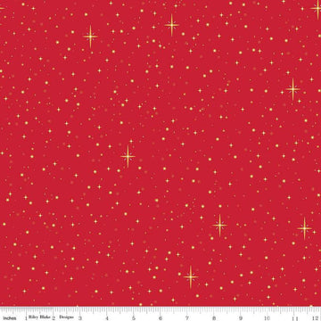 Image of the Christmas Wishes Starry Sky Red quilting cotton fabric by Riley Blake Designs. Features scattered stars on a red background. 
Cute Little Fabric Shop