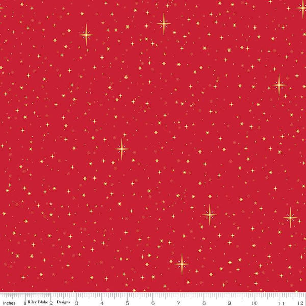 Image of the Christmas Wishes Starry Sky Red quilting cotton fabric by Riley Blake Designs. Features scattered stars on a red background. 
Cute Little Fabric Shop