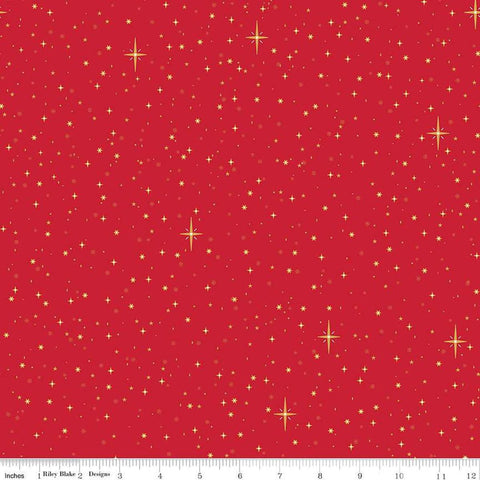 Image of the Christmas Wishes Starry Sky Red quilting cotton fabric by Riley Blake Designs. Features scattered stars on a red background. 
Cute Little Fabric Shop