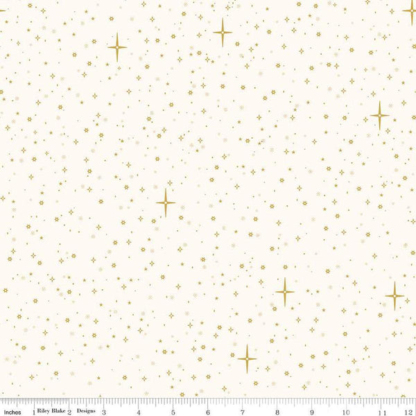 Image of the Christmas Wishes Starry Sky Cream quilting cotton fabric by Riley Blake Designs. Features scattered stars on a cream white background. 
Cute Little Fabric Shop