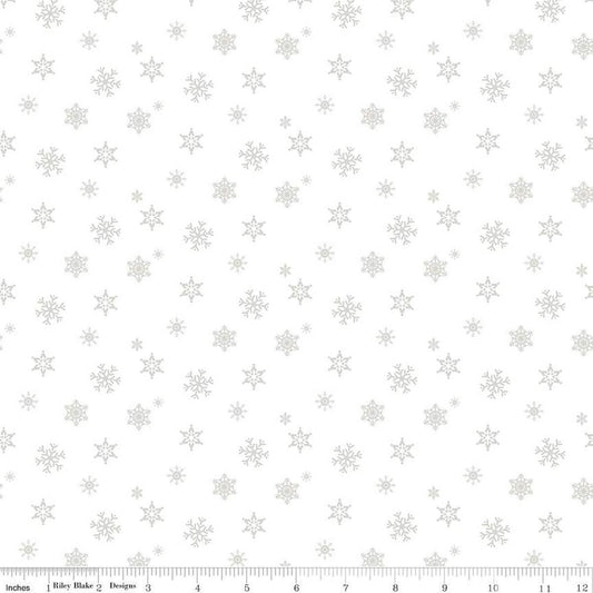Image of the Christmas Wishes Snowflakes White on White quilting cotton fabric by Riley Blake Designs. Features scattered snowflakes on a white background. 
Cute Little Fabric Shop