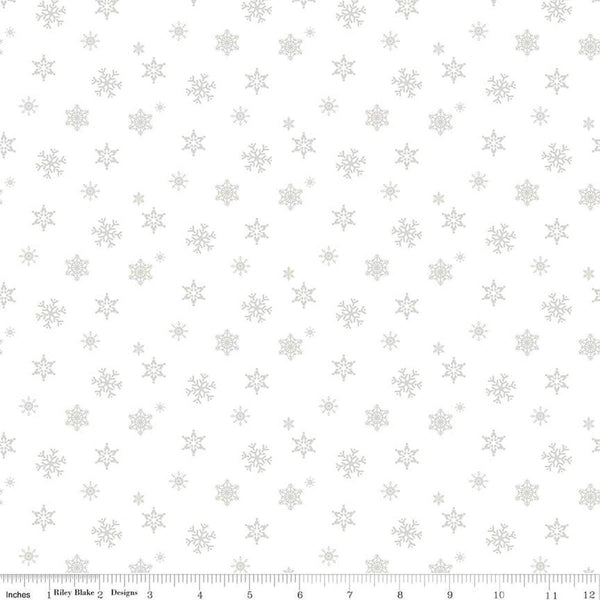 Image of the Christmas Wishes Snowflakes White on White quilting cotton fabric by Riley Blake Designs. Features scattered snowflakes on a white background. 
Cute Little Fabric Shop