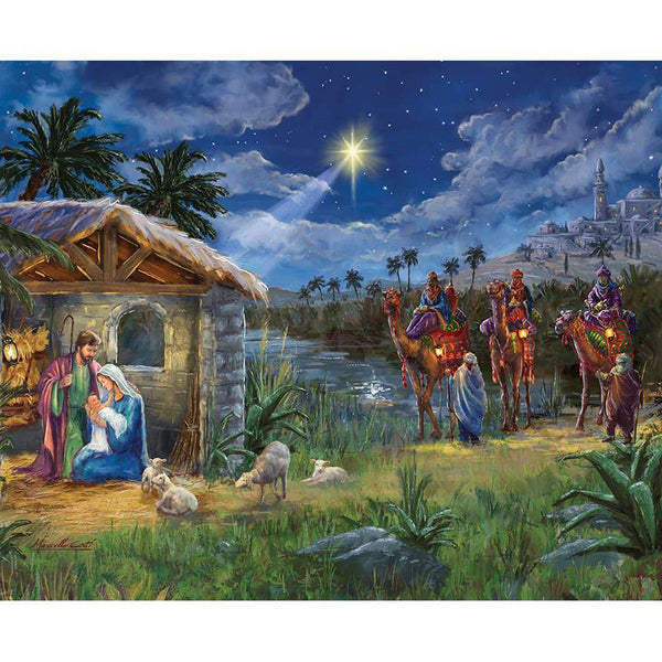 Image of the Christmas Wishes Nativity Panel digitally printed quilting cotton fabric by Riley Blake Designs. Features the birth of christ nativity scene. 
Cute Little Fabric Shop