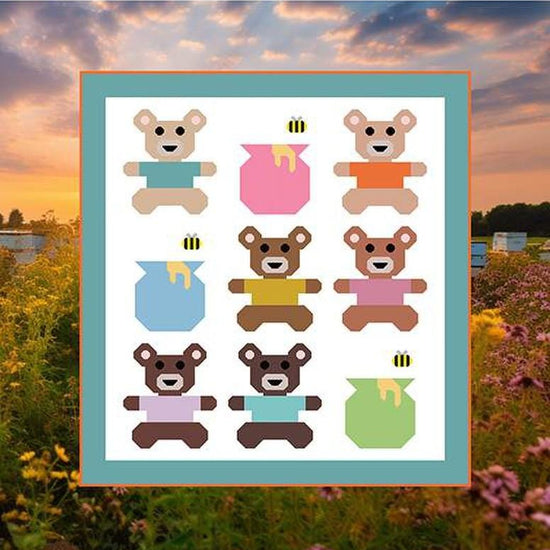 Image of Jennifer Long Honey & Hugs Quilt Pattern. Features bears and honey pots on a white background. 
Cute Little Fabric Shop