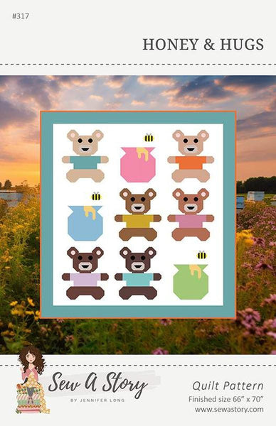 Image of Jennifer Long Honey & Hugs Quilt Pattern. Features bears and honey pots on a white background. 
Cute Little Fabric Shop