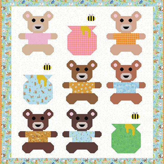 Image of Jennifer Long Honey & Hugs Quilt Pattern. Features bears and honey pots on a white background. 
Cute Little Fabric Shop