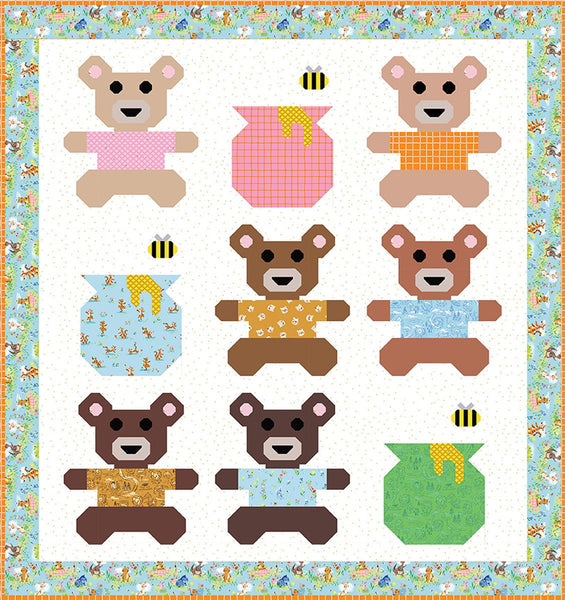 Image of Jennifer Long Honey & Hugs Quilt Pattern. Features bears and honey pots on a white background. 
Cute Little Fabric Shop