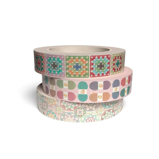 Image of the Riley Blake Designs Lori Holt Crochet Washi Tape. One features granny squares, one features chunkythread, and the other features doilies. 
Cute Little Fabric Shop