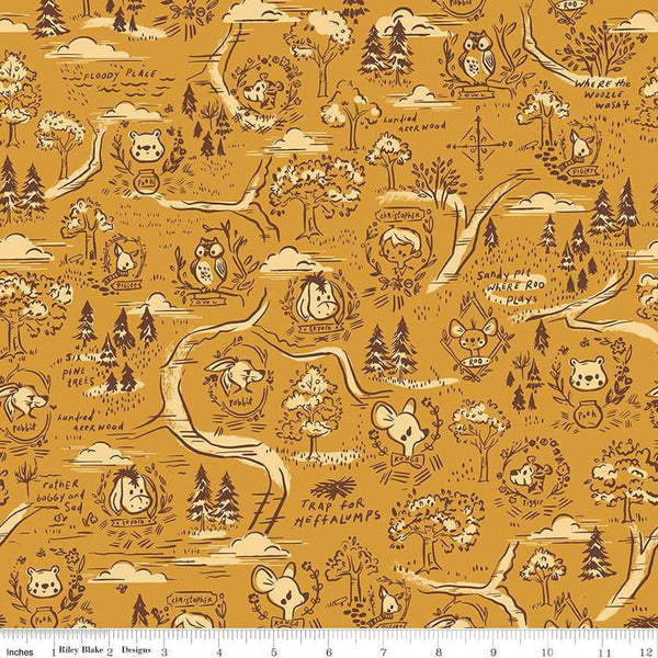 Image of the 100 Aker Woods 100 Aker Woods Map Gold quilting cotton fabric by Jill Howarth for Riley Blake Designs. Features characters from Winnie the Pooh on a gold yellow background. 
Cute Little Fabric Shop