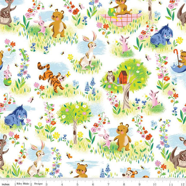 Image of the 100 Aker Woods Main White quilting cotton fabric by Jill Howarth for Riley Blake Designs. Features characters from Winnie the Pooh in a forest setting with trees and flowers on a white background. 
Cute Little Fabric Shop