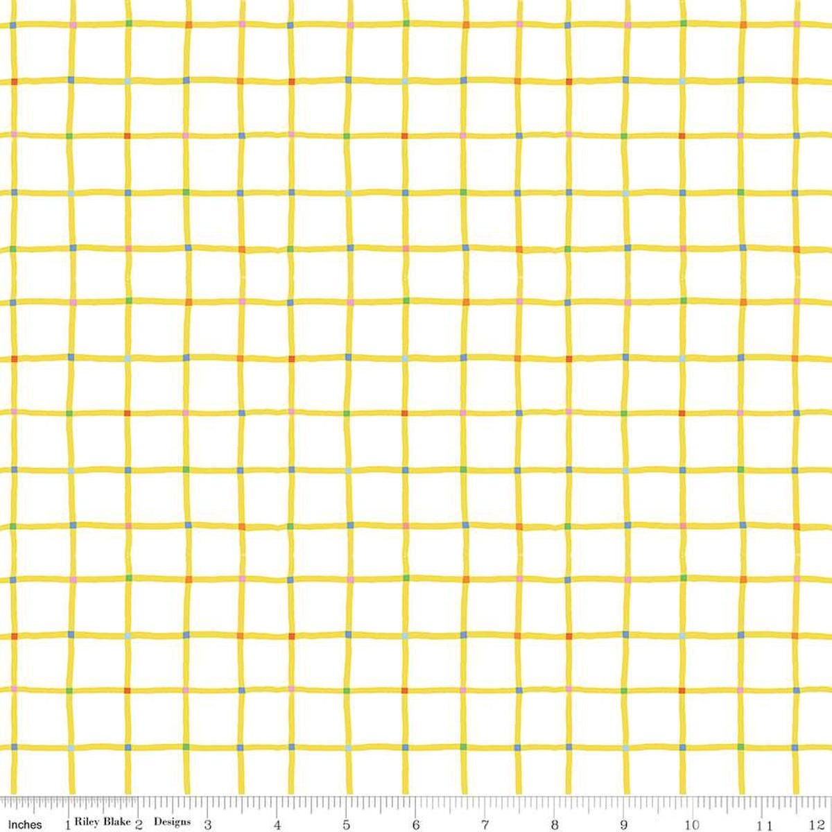 Image of the 100 Aker Woods Picnic Plaid White quilting cotton fabric by Jill Howarth for Riley Blake Designs. Features a large plaid yellow grid on a white grid.
Cute Little Fabric Shop