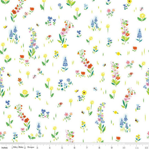 Image of the 100 Aker Woods Picnic Meadow White quilting cotton fabric by Jill Howarth for Riley Blake Designs. Features flowers with bees and butterflies on a white background. 
Cute Little Fabric Shop