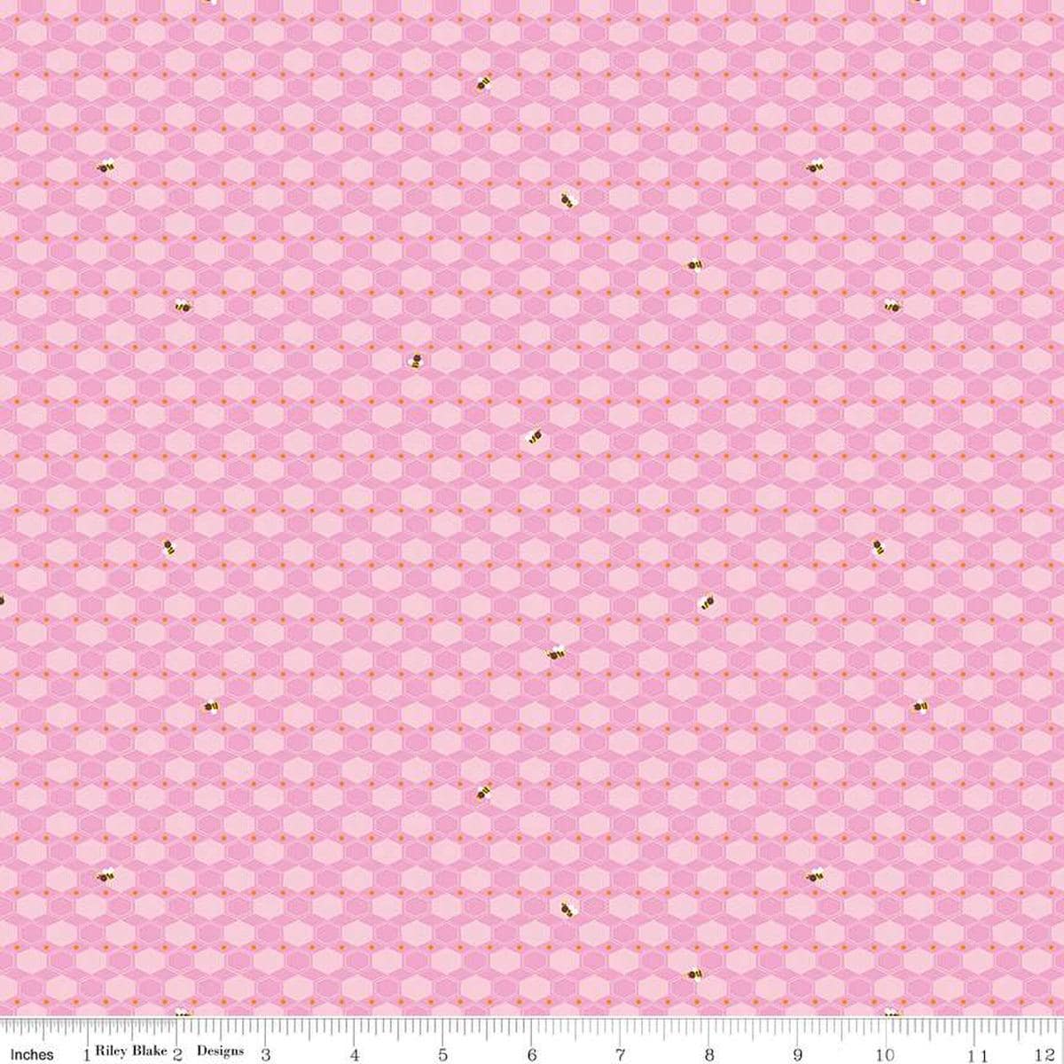 Image of the 100 Aker Woods Honey Hex Pink quilting cotton fabric by Jill Howarth for Riley Blake Designs. Features honeycomb and an occasional bumble bee on a pink background.
Cute Little Fabric Shop