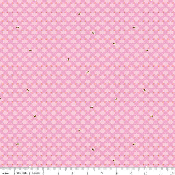 Image of the 100 Aker Woods Honey Hex Pink quilting cotton fabric by Jill Howarth for Riley Blake Designs. Features honeycomb and an occasional bumble bee on a pink background.
Cute Little Fabric Shop