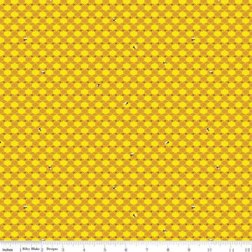 Image of the 100 Aker Woods Honey Hex Gold quilting cotton fabric by Jill Howarth for Riley Blake Designs. Features honeycomb and an occasional bumble bee on a gold background.
Cute Little Fabric Shop
